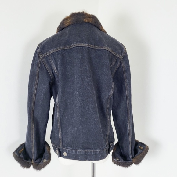 Y2K Denim Jacket Fur Lined Collar Button Up Down Long Sleeve Dark Wash - Picture 9 of 14